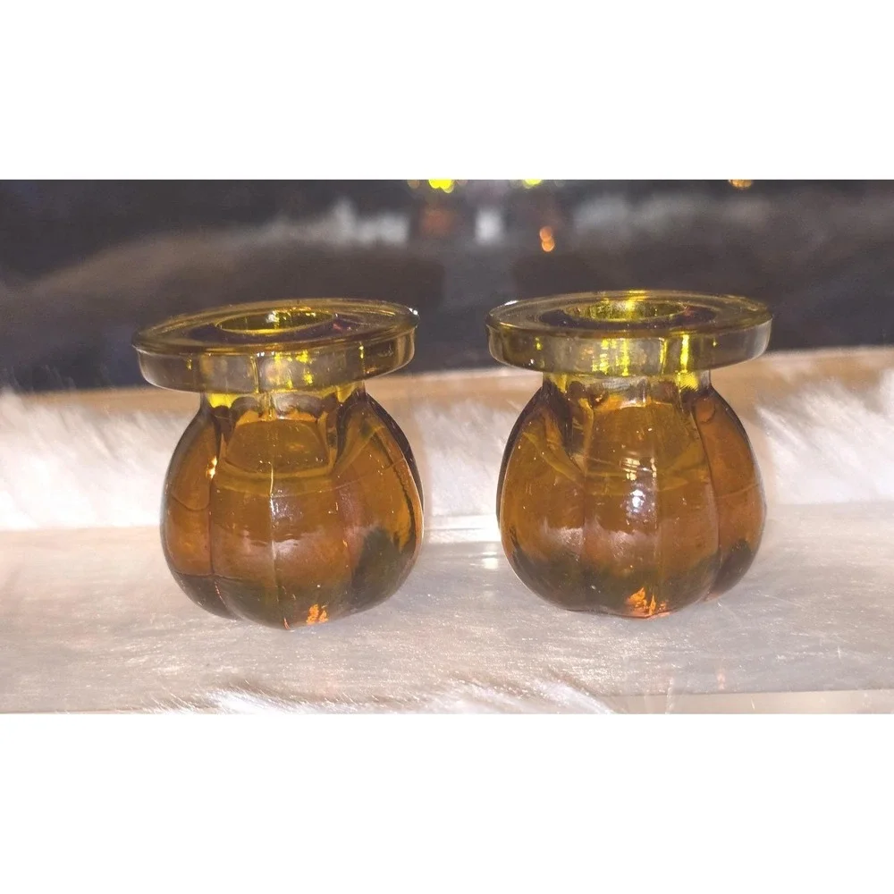 Vintage‎ Amber Glass Pumpkin-Form Taper Candle Holders - Set of 2